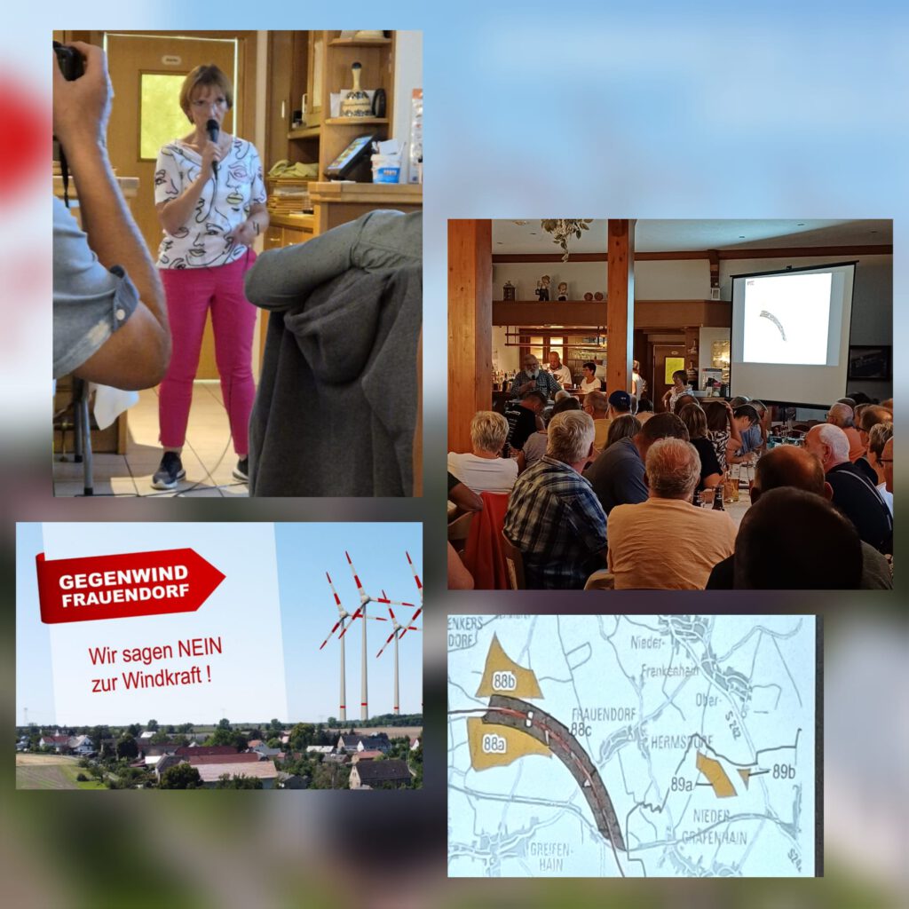 Die 1. Info-Veranstaltung der Bürgerinitiative Gegenwind Frauendorf am 21.August 2025 in der Hermsdorfer Mühle in Frauendorf zeigte großes Interesse zum Thema Windparks. Über 100 Leute positionierten sich deutlich gegen die Windkraftanlagen.