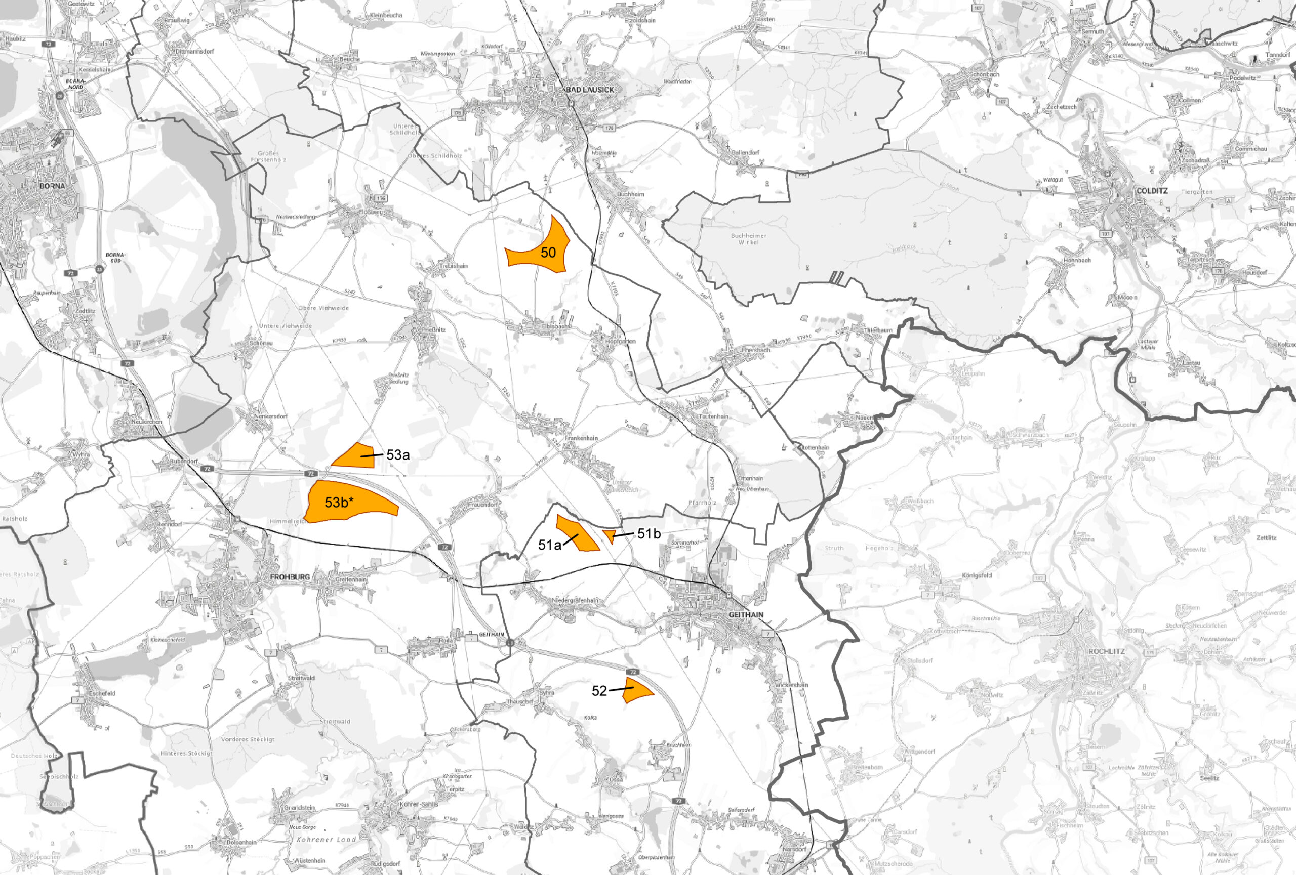 Teilfortschreibung 2. Entwurf Erneuerbare Energien des Regionalplans Leipzig-Westsachsen, Vorranggebiet zur Nutzung der Windenergie Nr. 53a, 53b, 51a, 51b
