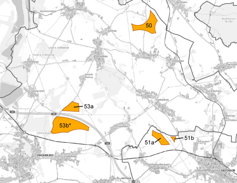 Zweite Entwurf der Teilfortschreibung „Erneuerbare Energien“ des Regionalplans Leipzig-Westsachsen - Karte zeigt die Vorranggebiete für Frohburg und Geithain